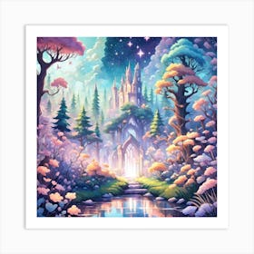 A Fantasy Forest With Twinkling Stars In Pastel Tone Square Composition 41 Art Print