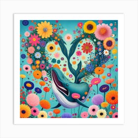 The heart of the blue whale is half composed of spring and autumn flowers 1 Art Print