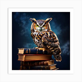 Owl On Books, An Owl Perched On A Stack Of Books Symbolizing Wisdom And Learning 9 Art Print