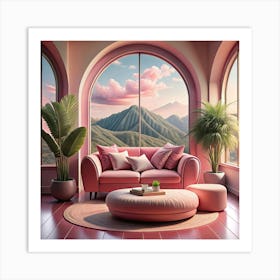 Modern Living Room With Pink Sofa And Panoramic Mountain View Art Print