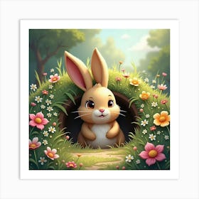 A Rabbit Burrowing Into A Cozy, Flower Filled Garden Art Print