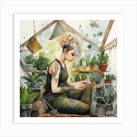 Tattooed Girl In A Greenhouse With Succulents Watercolour Art Print