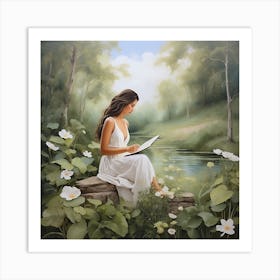 Reading By The Lake Art Print