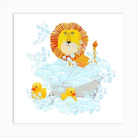 Lion enjoying bath and bubbles Art Print