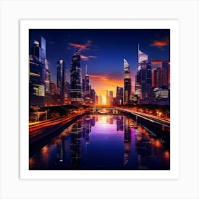 Modern Cityscape At Twilight Towering Skyscrapers Bathed In Amber Hues Reflective Windows Capturin Art Print