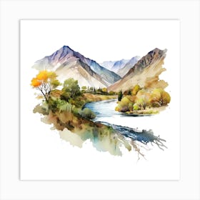 Watercolor Of Mountains And River 1 Art Print