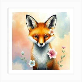 A Fox With Delicate Floral Accents, Set Against A Colorful, Dreamy Watercolor Background Art Print