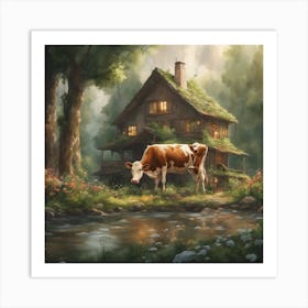 Cow By The Stream Art Print