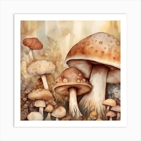 Watercolor Mushrooms In The Forest Art Print