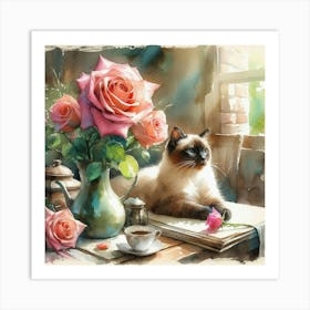 Siamese Cat With Roses Art Print