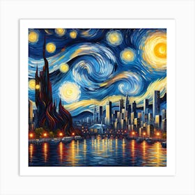 Starry Night Over the City - Modern and Dramatic Metal Wall Art 1 Art Print