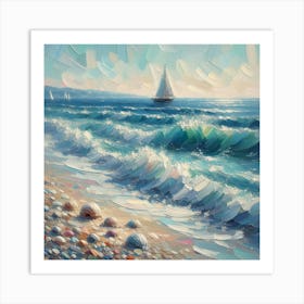 Sailboat On The Beach, Acrylic Painting Style 6 Art Print