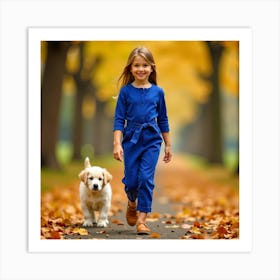 Little Girl Walking With Dog In Autumn Park Art Print