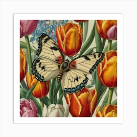 Butterfly And Tulips Art Print