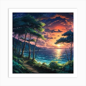 Serene Sunset Over Sparkling Ocean Viewed From a Lush Coastal Forest Path Art Print