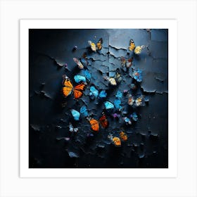 Butterfly Swarm, Butterflies In A Brick Wall, Butterflies Emerging From A Cracked Dark Wall Representing Transformation And Hope Art Print