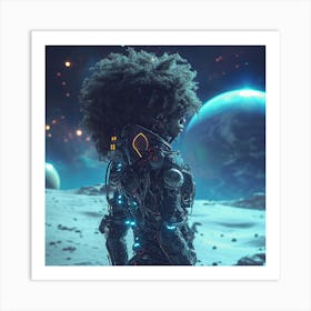 Myeera Cyberpunk Space Man With Huge Hair Standing On The Moon Art Print