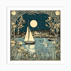 Moonlight Sailboats Art Print