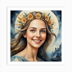 Portrait Of A Girl With Sunflowers Art Print