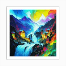 Abstract art stained glass art of a mountain village in watercolor Art Print