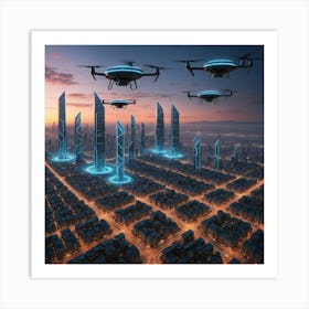 Futuristic Cityscape With Drones 1 Art Print