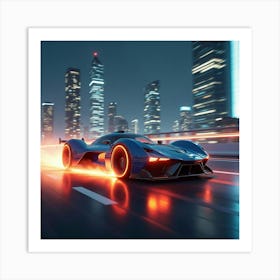 Futuristic Car With Jet Powered Engines, Zooming Through Glowing Cityscape 1 Art Print