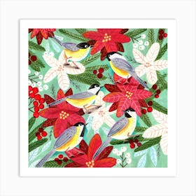 Chickadees and Christmas Floral Art Print