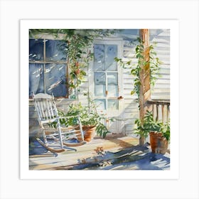 Rocking Chair on the Porch at the Old Farmhouse Watercolor Painting | Americana Nostalgic Idyllic Scenery | Home Sweet Home Art Print