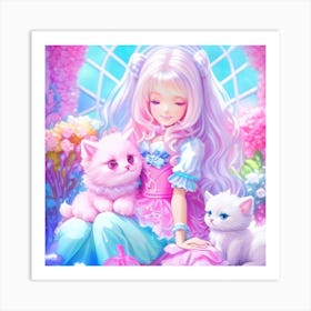 Kawaii Girl With Kittens Art Print