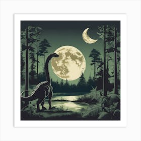 Dinosaur In The Forest At Night Art Print