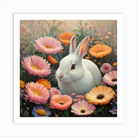 Enchanted Serenity A Vibrant Oil Painting Of A Rabbit Among Flowers (1) Art Print