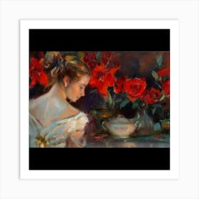 Girl With Red Roses Art Print