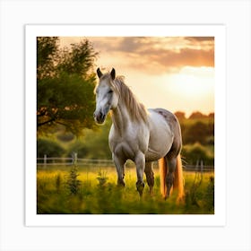 Grass Mane Head Graze Equestrian Pasture Elegant Sun Beauty Horse Standing Rural Green (3) Art Print