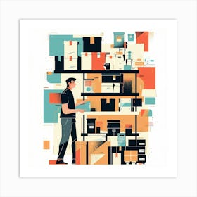 Illustration Of A Man Working In A Warehouse Art Print