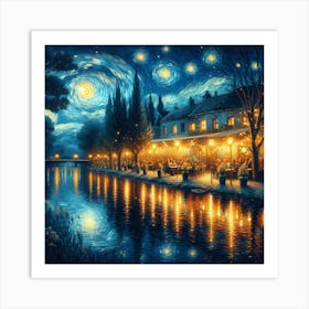 Riverside Cafe At Starry Night In Van Gogh Painting Art Art Print