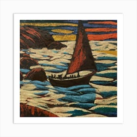 Oil painting of a boat in a body of water, woodcut, inspired by Gustav Baumann 9 Art Print