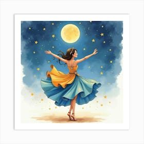 Dancer With Watercolor Celestial Moon And Stars 1 Art Print