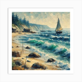 Sailboat On The Beach, Acrylic Painting Style 4 Art Print