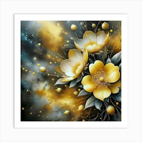 Yellow Flowers On A Black Background Art Print