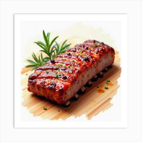 Watercolor Art Of A Tender And Juicy Bbq Ribs On A Fine Dining Table Art Print