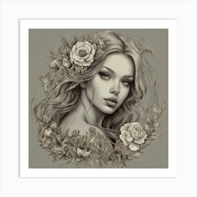 Portrait Of A Girl With Flowers 2 Art Print