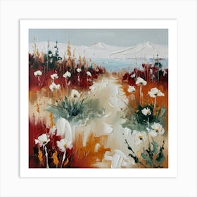 Abstract snowy winter mountains and flowers Art Print