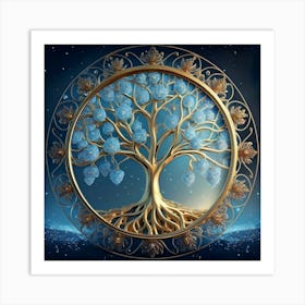 Blooming Skybluebluegold Tree Of Life In Silve Art Print