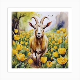 Goat In Yellow Tulips Garden Art Print