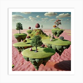 A surreal and imaginative scene with floating islands, trees, and a pink sky. Art Print