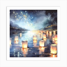 Paper Lanterns On The Water Art Print