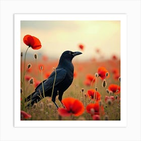 Crow Near Field Of Red Poppies 1 Art Print