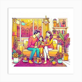 Happy Family In The Living Room Art Print