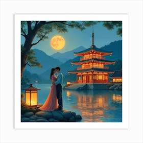 Japanese Couple Embracing In Front Of A Glowing Temple, Lanterns Reflecting On The Water, Watercolor Art Print