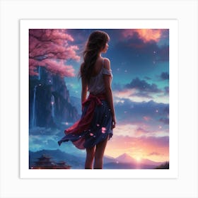 Asian Girl At Sunset Art Print